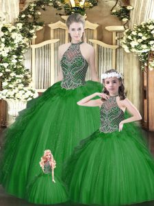 Sleeveless Tulle Floor Length Lace Up Sweet 16 Quinceanera Dress in Green with Beading and Ruffles