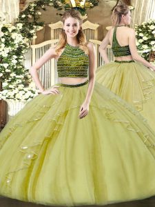 Sleeveless Floor Length Beading and Ruffles Zipper Sweet 16 Quinceanera Dress with Olive Green