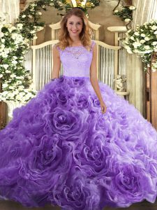 Customized Lavender Fabric With Rolling Flowers Zipper Scoop Sleeveless Floor Length Ball Gown Prom Dress Lace
