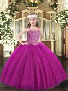 Hot Selling Ball Gowns Little Girl Pageant Dress Fuchsia Straps Tulle Sleeveless Floor Length Lace Up