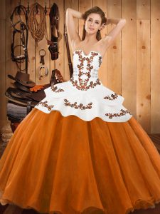 Orange Red Tulle Lace Up Strapless Sleeveless Floor Length Sweet 16 Quinceanera Dress Embroidery