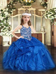 Blue Straps Neckline Beading and Ruffles Kids Formal Wear Sleeveless Lace Up