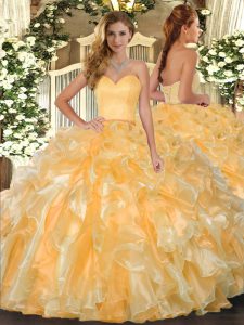 Designer Organza Sleeveless Floor Length Quinceanera Dress and Beading and Ruffles