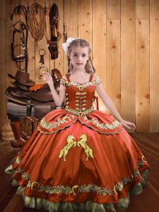 Rust Red Ball Gowns Off The Shoulder Sleeveless Satin Floor Length Lace Up Beading and Embroidery Child Pageant Dress