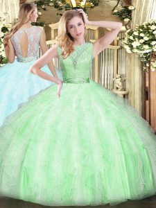 Inexpensive Scoop Sleeveless 15 Quinceanera Dress Floor Length Lace and Ruffles Apple Green Organza
