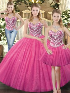 Glittering Hot Pink Ball Gown Prom Dress Military Ball and Sweet 16 and Quinceanera with Beading Sweetheart Sleeveless Lace Up