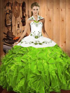 Satin and Organza Lace Up Halter Top Sleeveless Floor Length Quince Ball Gowns Embroidery and Ruffles