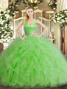 Modest Green Organza Zipper Quinceanera Gowns Sleeveless Floor Length Ruffles