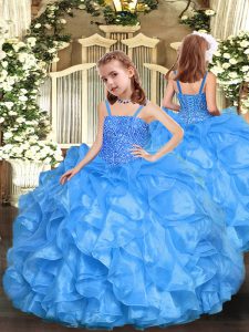 Straps Sleeveless Little Girls Pageant Gowns Floor Length Beading and Ruffles Baby Blue Organza