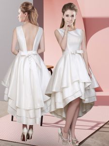 Free and Easy White Satin Lace Up Dama Dress Sleeveless High Low Ruffled Layers