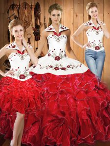 Halter Top Sleeveless Satin and Organza 15th Birthday Dress Embroidery and Ruffles Lace Up