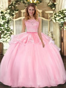 Pink Scoop Neckline Lace Quinceanera Dress Sleeveless Clasp Handle