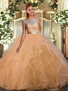 Lace and Ruffles 15 Quinceanera Dress Gold Backless Sleeveless Floor Length