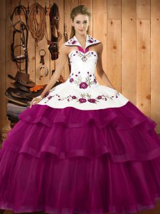 Exquisite Fuchsia Halter Top Lace Up Embroidery and Ruffled Layers Quinceanera Gowns Sweep Train Sleeveless