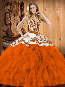 Latest Rust Red Lace Up Sweetheart Embroidery and Ruffles Quinceanera Gowns Satin and Organza Sleeveless