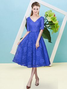 Sumptuous Royal Blue Empire Lace V-neck Half Sleeves Bowknot Tea Length Lace Up Quinceanera Dama Dress