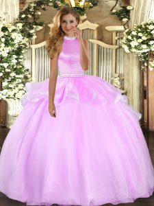 Traditional Sleeveless Tulle Floor Length Backless Quinceanera Dresses in Lilac with Beading and Ruffles