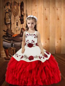 Embroidery and Ruffles Kids Formal Wear Red Lace Up Sleeveless Floor Length