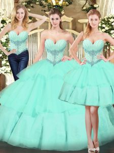 Custom Fit Floor Length Three Pieces Sleeveless Apple Green Quinceanera Dress Lace Up