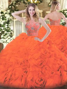 Top Selling Orange Red Ball Gowns Tulle Halter Top Sleeveless Beading and Ruffles Floor Length Zipper 15 Quinceanera Dress