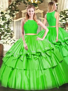 Comfortable Green Tulle Zipper Scoop Sleeveless Floor Length Quince Ball Gowns Ruffled Layers