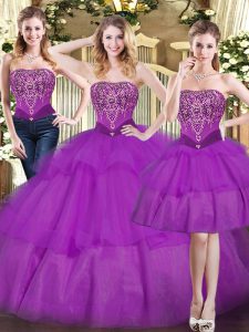 Top Selling Eggplant Purple Sleeveless Floor Length Beading and Ruffled Layers Lace Up Vestidos de Quinceanera