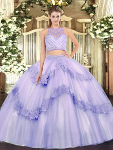 Amazing Lavender Zipper Scoop Beading and Appliques 15th Birthday Dress Tulle Sleeveless