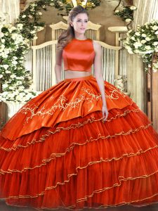 Modern Orange Red Sleeveless Embroidery and Ruffled Layers Floor Length Sweet 16 Dress
