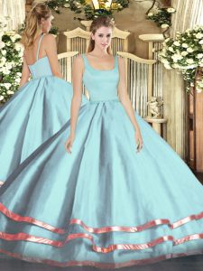 Light Blue Ball Gowns Tulle Straps Sleeveless Ruffled Layers Floor Length Zipper Quinceanera Dress