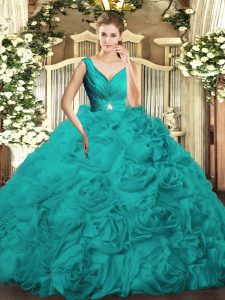 High Quality Turquoise Backless V-neck Beading and Ruching Sweet 16 Dress Fabric With Rolling Flowers Sleeveless