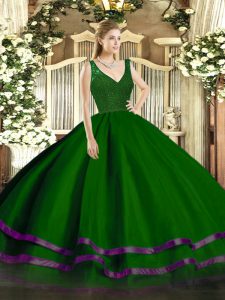 Dark Green Ball Gowns Organza V-neck Sleeveless Beading and Lace and Ruffled Layers Floor Length Backless Quince Ball Gowns