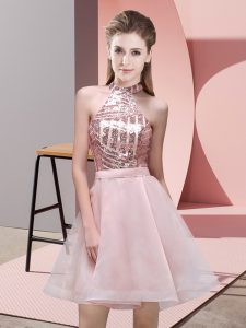Pink Backless Halter Top Sequins Dama Dress for Quinceanera Chiffon Sleeveless