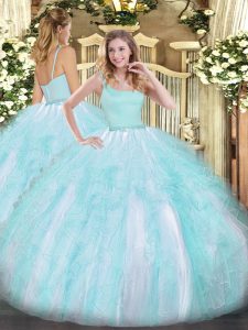 Aqua Blue Ball Gowns Beading and Ruffles Sweet 16 Dresses Zipper Tulle Sleeveless Floor Length
