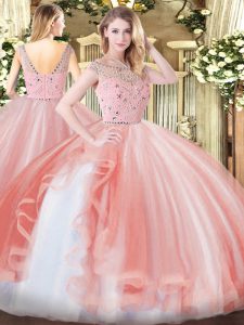 Decent Bateau Sleeveless Zipper Quinceanera Dresses Peach Tulle