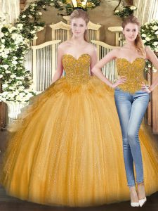 Delicate Gold Tulle Lace Up Quinceanera Gowns Sleeveless Floor Length Beading and Ruffles