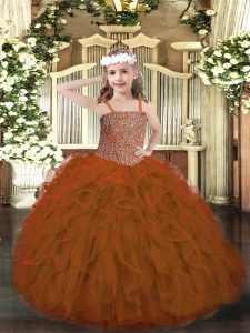 Sleeveless Tulle Floor Length Lace Up Kids Pageant Dress in Rust Red with Beading and Ruffles