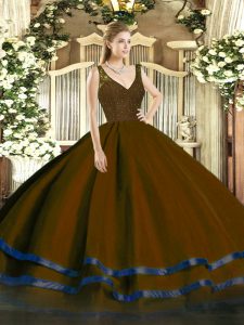 Fine Brown Organza Backless Ball Gown Prom Dress Sleeveless Floor Length Beading and Lace and Ruffled Layers