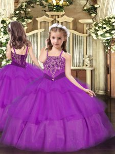 Floor Length Purple Little Girls Pageant Dress Organza Sleeveless Beading and Ruffled Layers