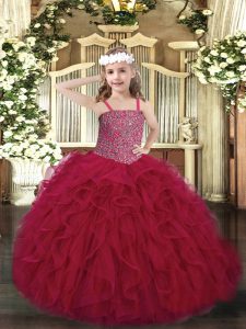 Custom Designed Wine Red Ball Gowns Tulle Straps Sleeveless Beading and Ruffles Floor Length Lace Up Kids Formal Wear