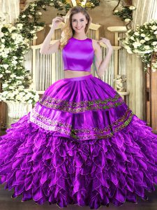 Floor Length Two Pieces Sleeveless Eggplant Purple Sweet 16 Dress Criss Cross