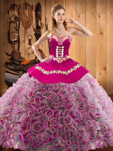 Multi-color Satin and Fabric With Rolling Flowers Lace Up 15th Birthday Dress Sleeveless With Train Sweep Train Embroidery