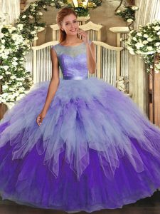 Multi-color Backless Scoop Lace and Ruffles Vestidos de Quinceanera Tulle Sleeveless