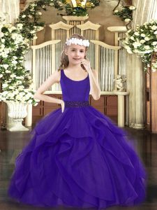 Sleeveless Tulle Floor Length Zipper Girls Pageant Dresses in Purple with Beading and Ruffles