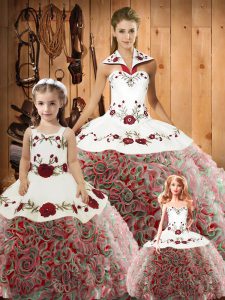Multi-color Ball Gowns Satin and Fabric With Rolling Flowers Halter Top Sleeveless Embroidery Floor Length Lace Up Quinceanera Gown