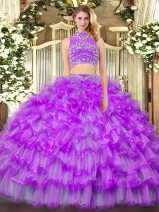 Top Selling Floor Length Purple Sweet 16 Dress Tulle Sleeveless Beading and Ruffled Layers