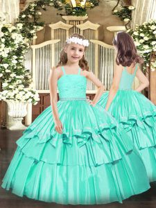 Eye-catching Turquoise Sleeveless Organza Zipper Pageant Gowns For Girls for Party and Quinceanera