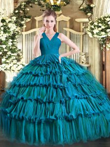 Teal Sleeveless Ruffled Layers Floor Length Quinceanera Gowns