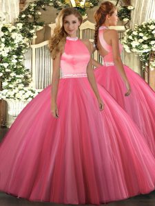 Elegant Halter Top Sleeveless Tulle Sweet 16 Quinceanera Dress Beading Backless