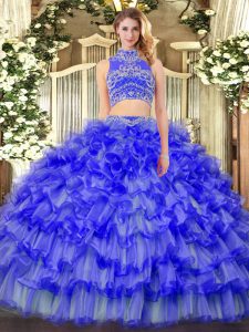 Blue High-neck Neckline Beading and Ruffled Layers Sweet 16 Quinceanera Dress Sleeveless Backless