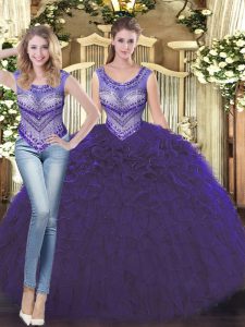 Fitting Purple Ball Gowns Beading and Ruffles Sweet 16 Dress Lace Up Tulle Sleeveless Floor Length